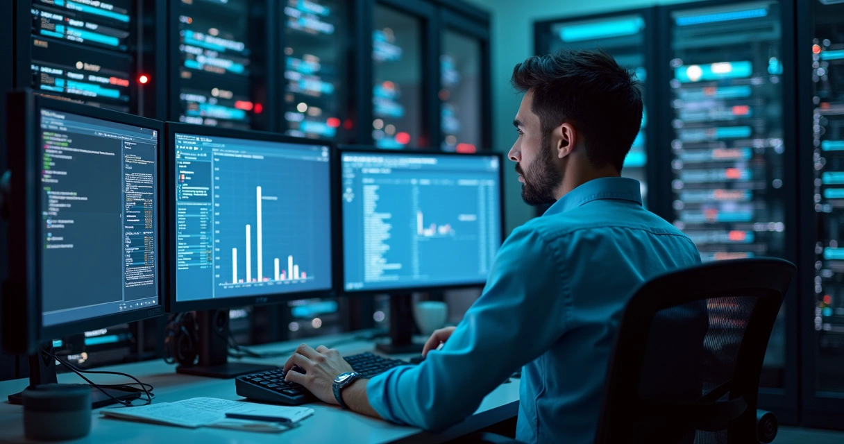 Técnico de TI analisando dados em uma sala de servidores 