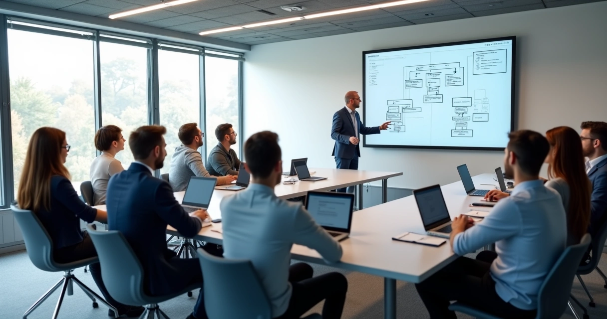 Como avaliar programa de parceiros de uma empresa Equipe em treinamento em sala ampla, pessoas com notebooks e instrutor à frente