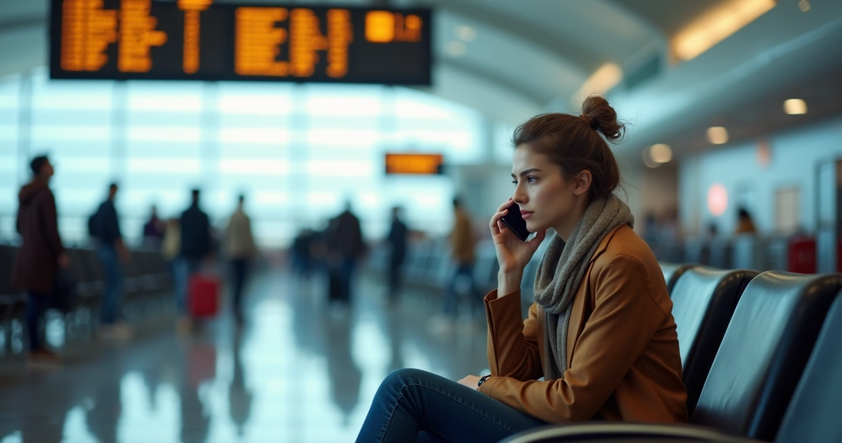 Pessoa em ligação de suporte no aeroporto estrangeiro 