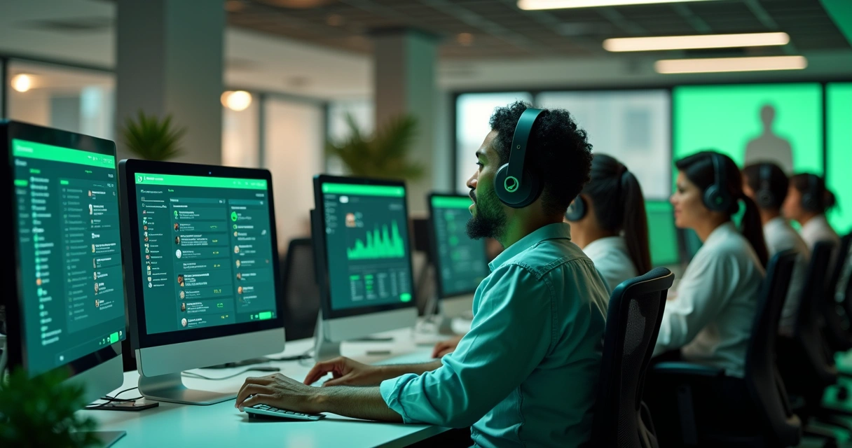Equipe de suporte usando computadores integrados ao WhatsApp. 