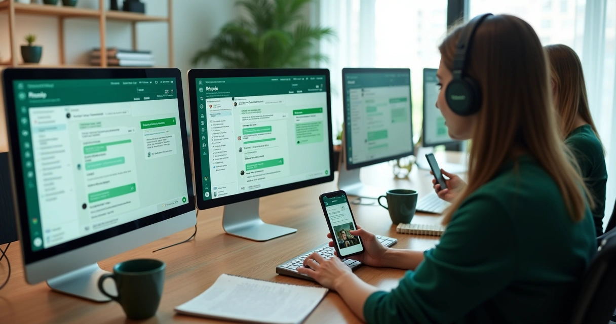 Equipe atendendo suporte técnico por WhatsApp em painel compartilhado 