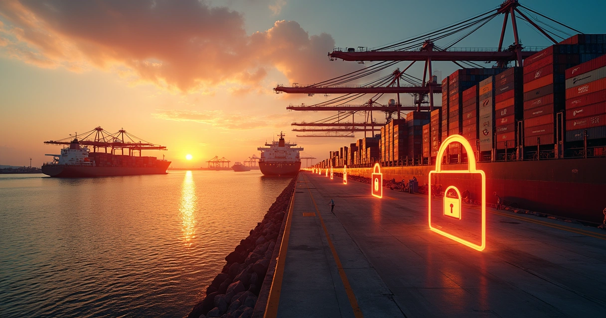 Port scene with security icons overlaying cargo operations 
