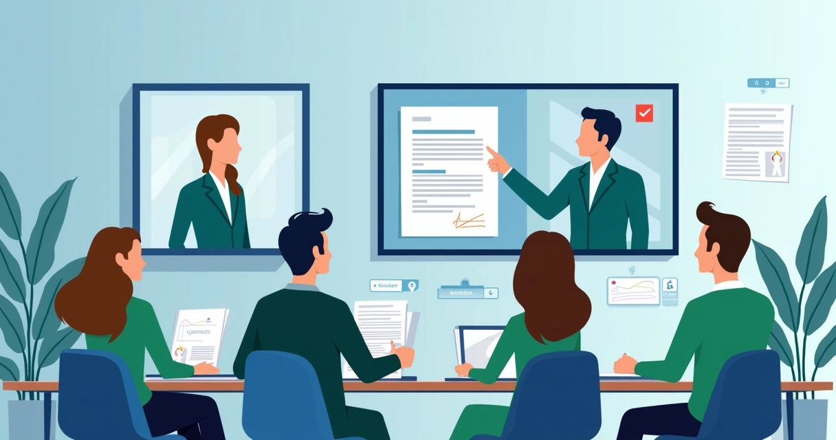 Procurement team negotiates with supplier on video call with e-signing interface, modern office setting 