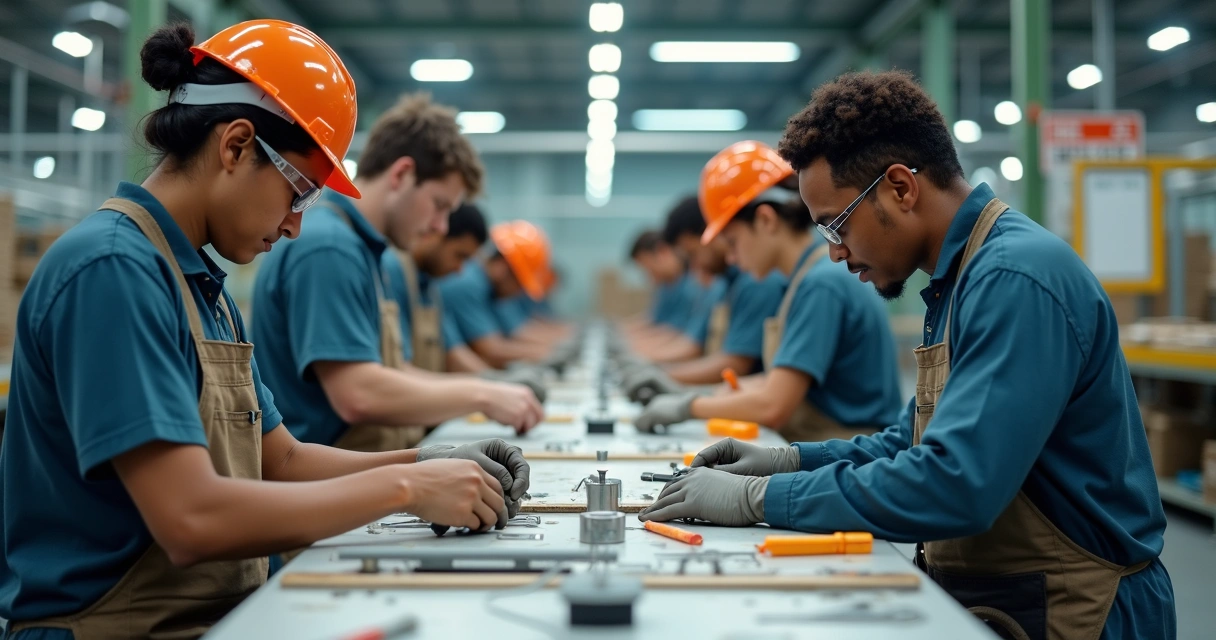 Workers in a factory assembling products along a supply chain 