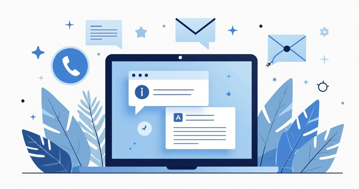 Contact options and support icons shown next to a digital help desk illustration