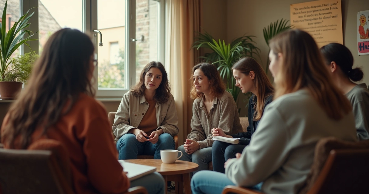 Small support circle meeting for activists indoors