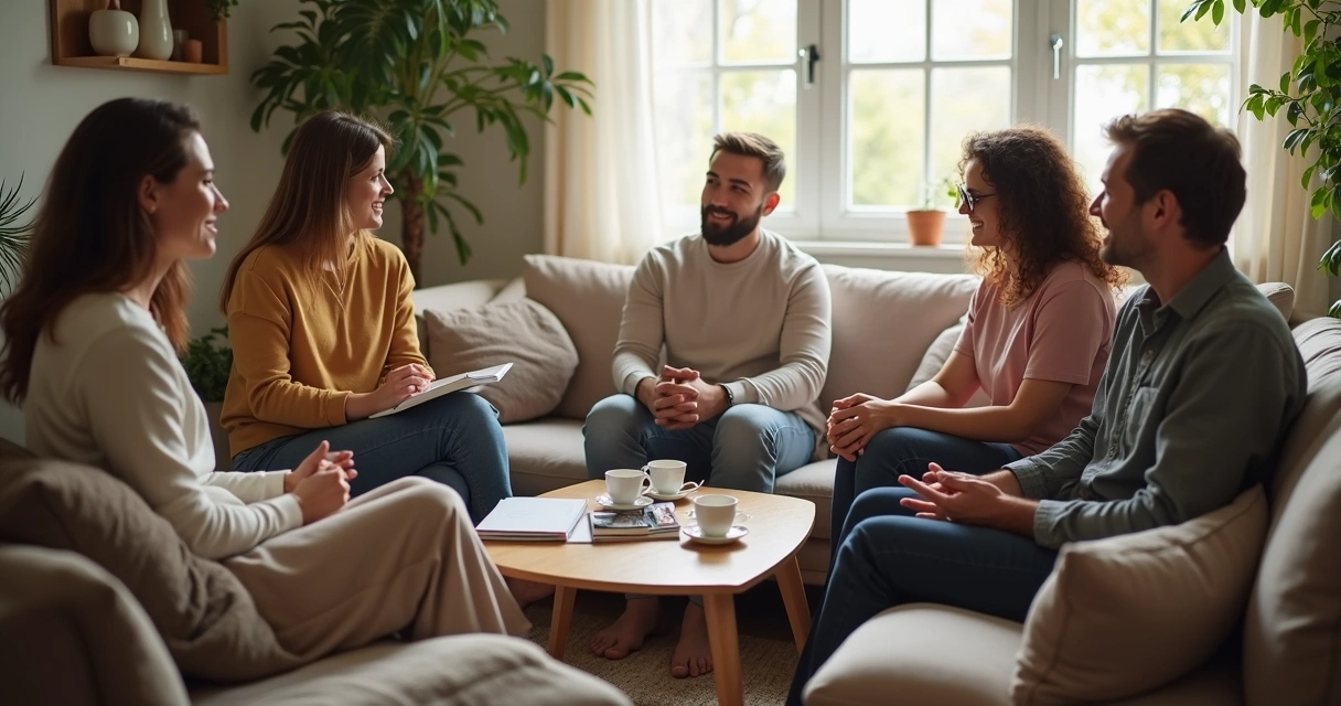 Small group seated in a living room support circle 