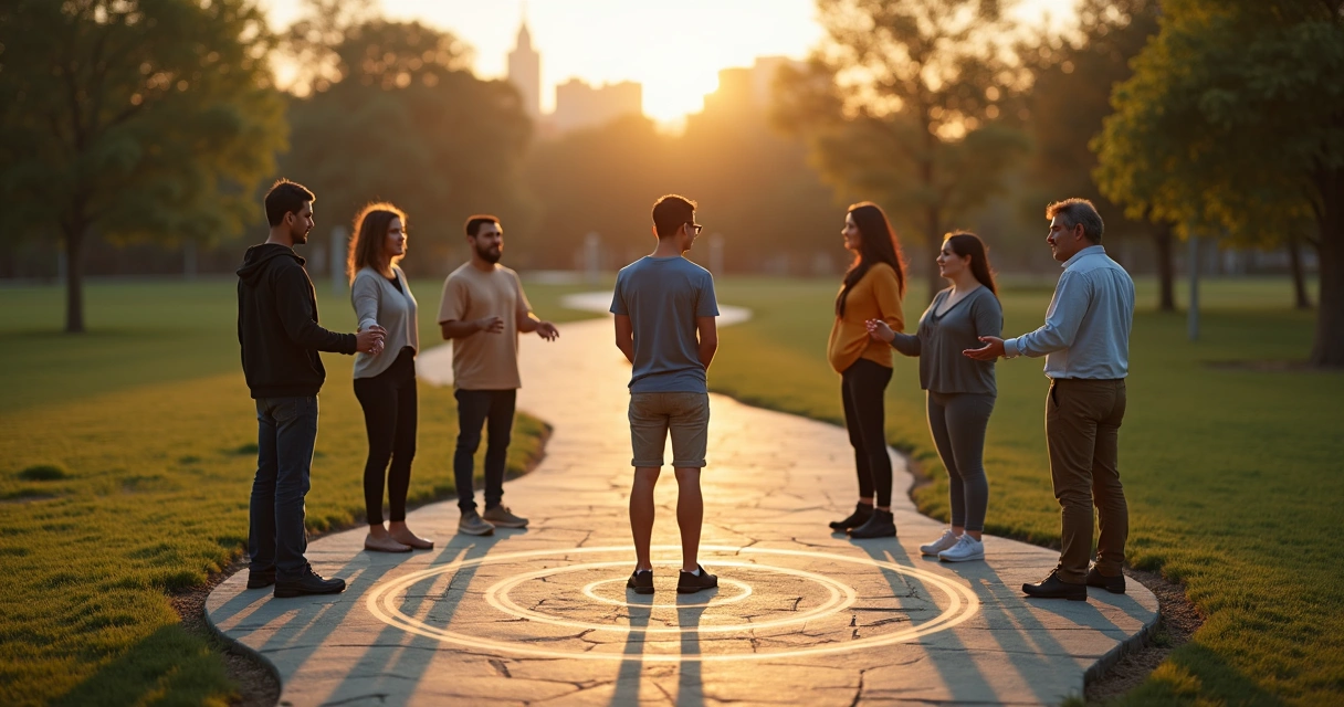 Diverse group forming a circle around person on winding path 