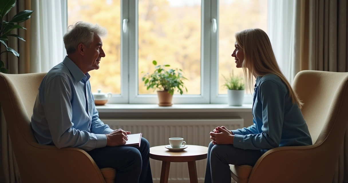 Two people in a calm seated conversation with notebook and tea 