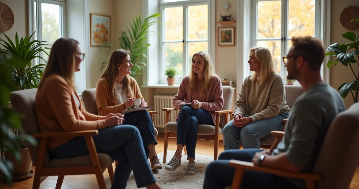 Support group talking in a relaxed room