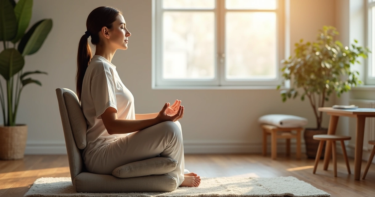 Person meditating in a supported seated posture with cushions