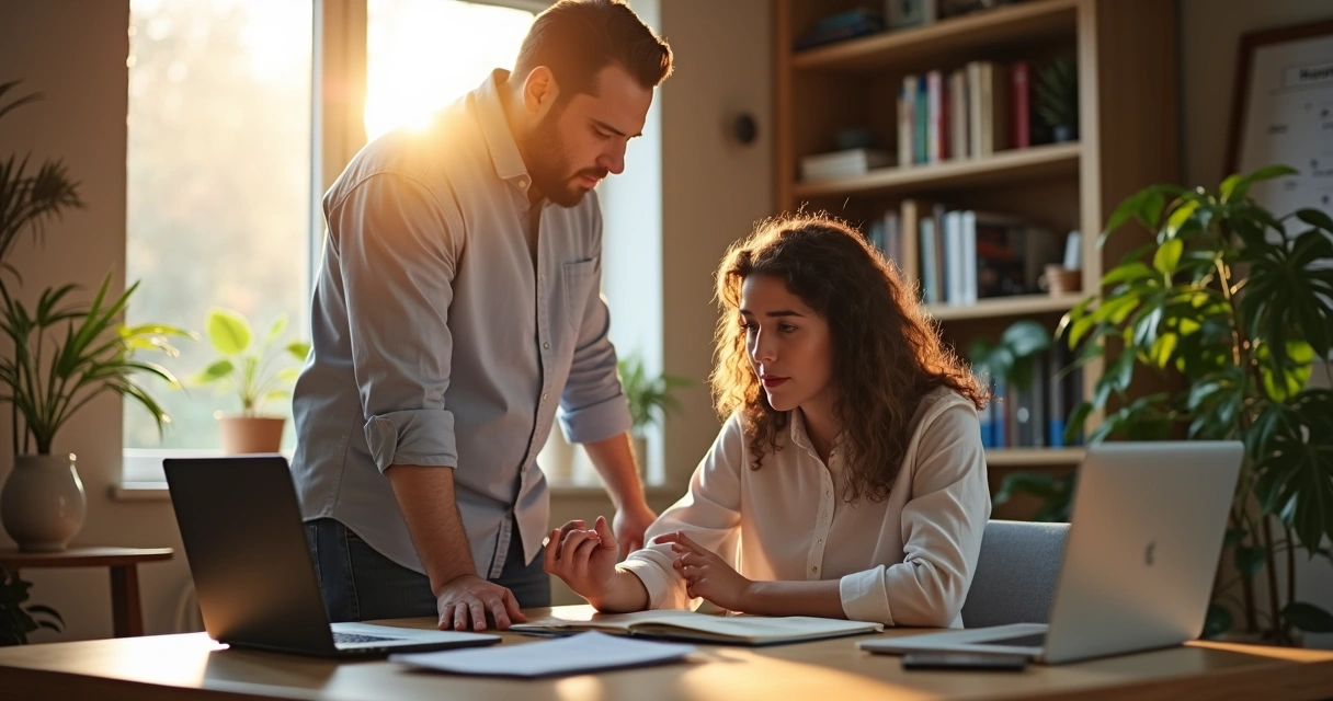 Manager supporting employee in an office setting
