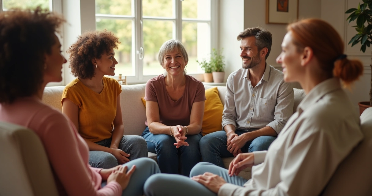Diverse group of adults in a circle offering gentle support