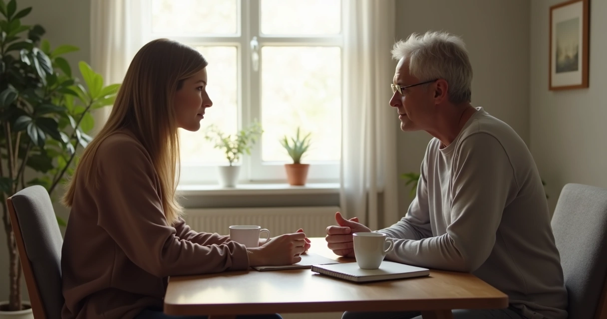 Two people having a supportive conversation, one listening intently 