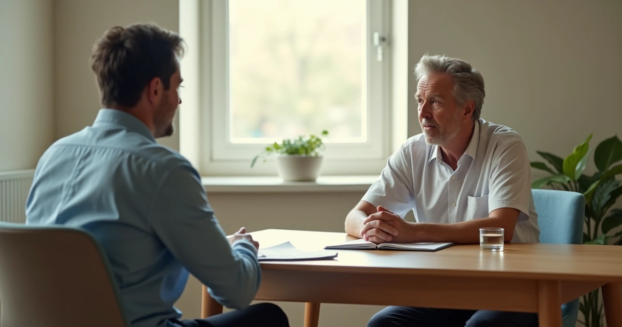 Two adults in a calm supportive conversation at a desk