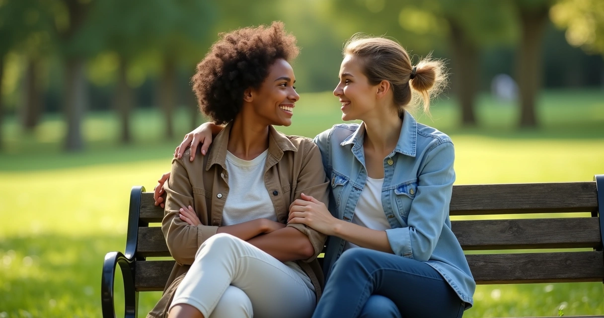 Two friends chatting and supporting each other outside 