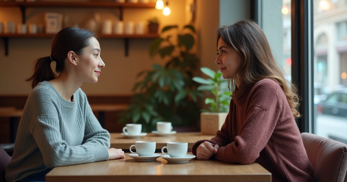 Two people talking at a cafe table, listening and supporting each other 