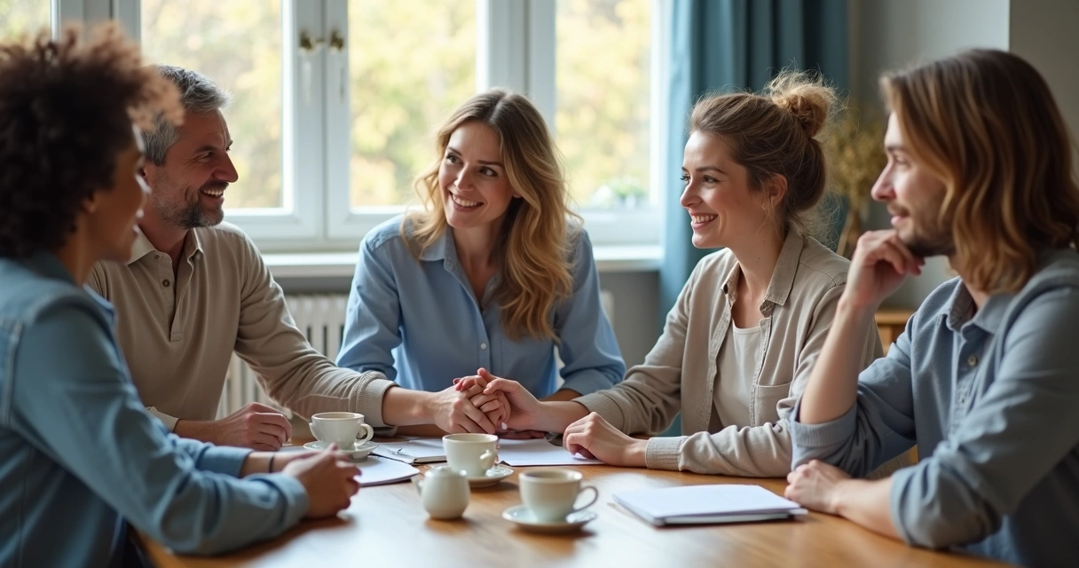 Small group having a calm discussion at a table