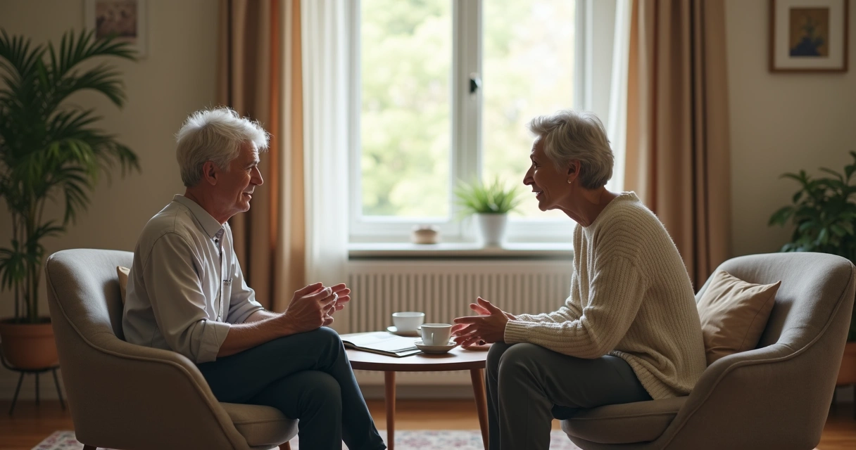 Two adults having a calm supportive conversation at home