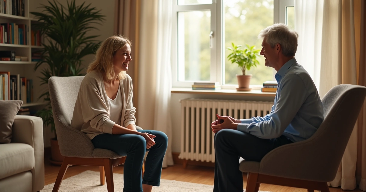 Two people having a calm supportive conversation indoors