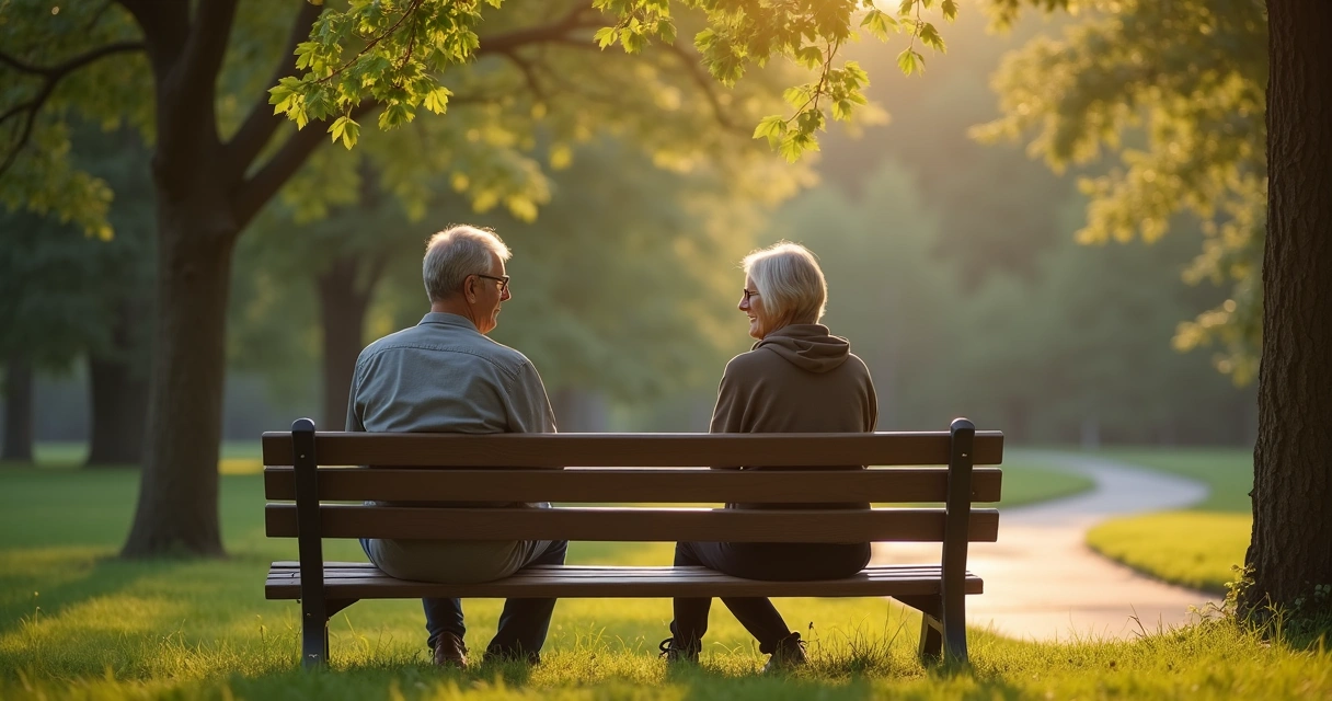 Two adults talking on a park bench during a calm afternoon 