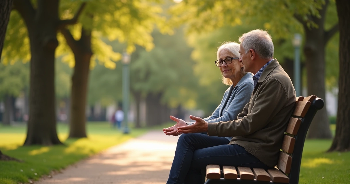Two adults having a calm supportive conversation on a park bench 