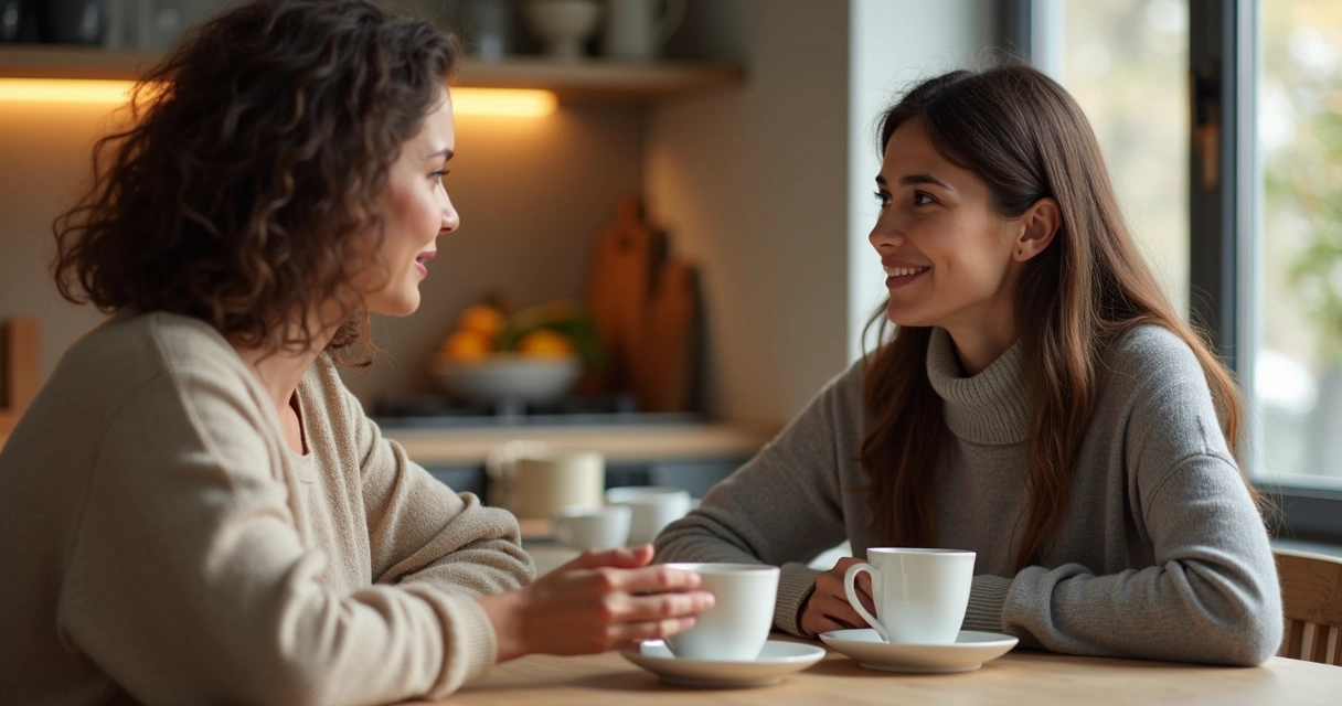 Two people in meaningful conversation at a kitchen table