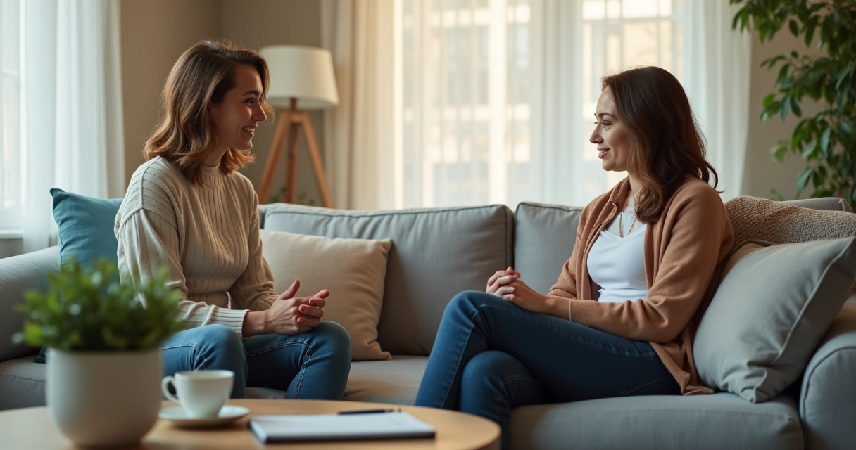 Two adults having a calm supportive conversation on a sofa 