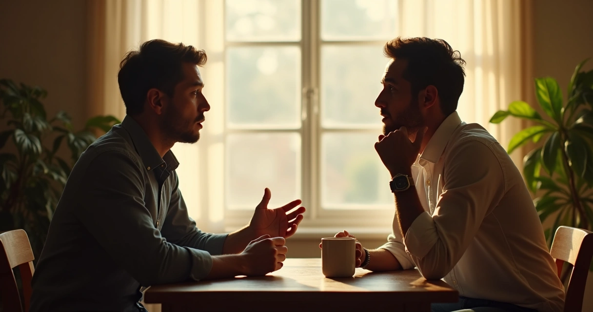 Two people talking quietly across a table