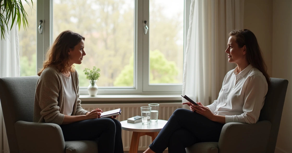 Two people talking calmly by a window with notebooks 
