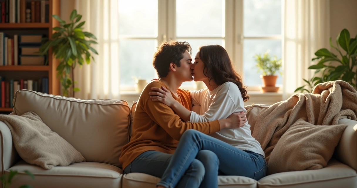Couple embracing on a cozy couch 