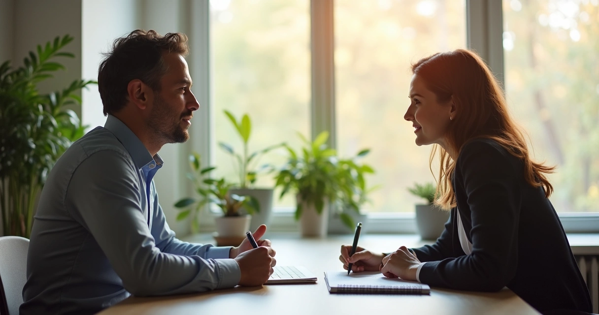 Manager giving calm feedback to an employee at a desk