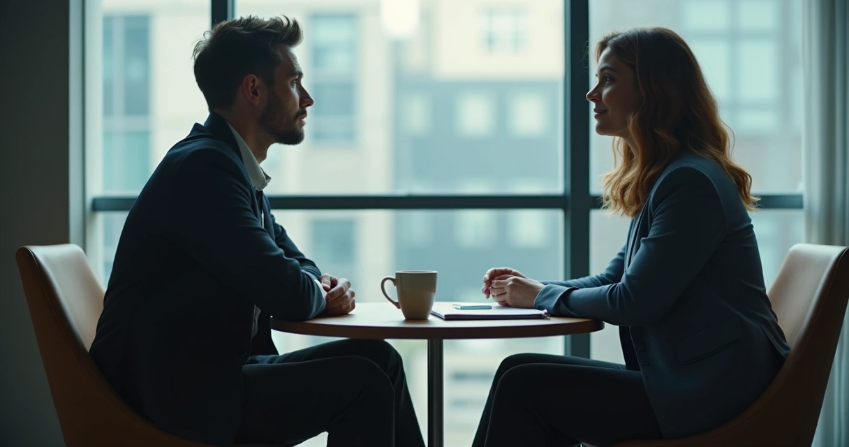 Two coworkers having a private respectful feedback conversation in an office 