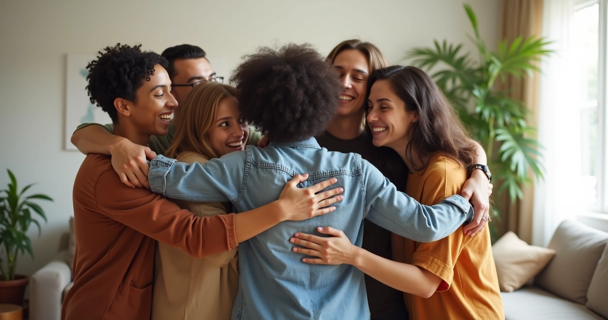 Friends giving a supportive group hug