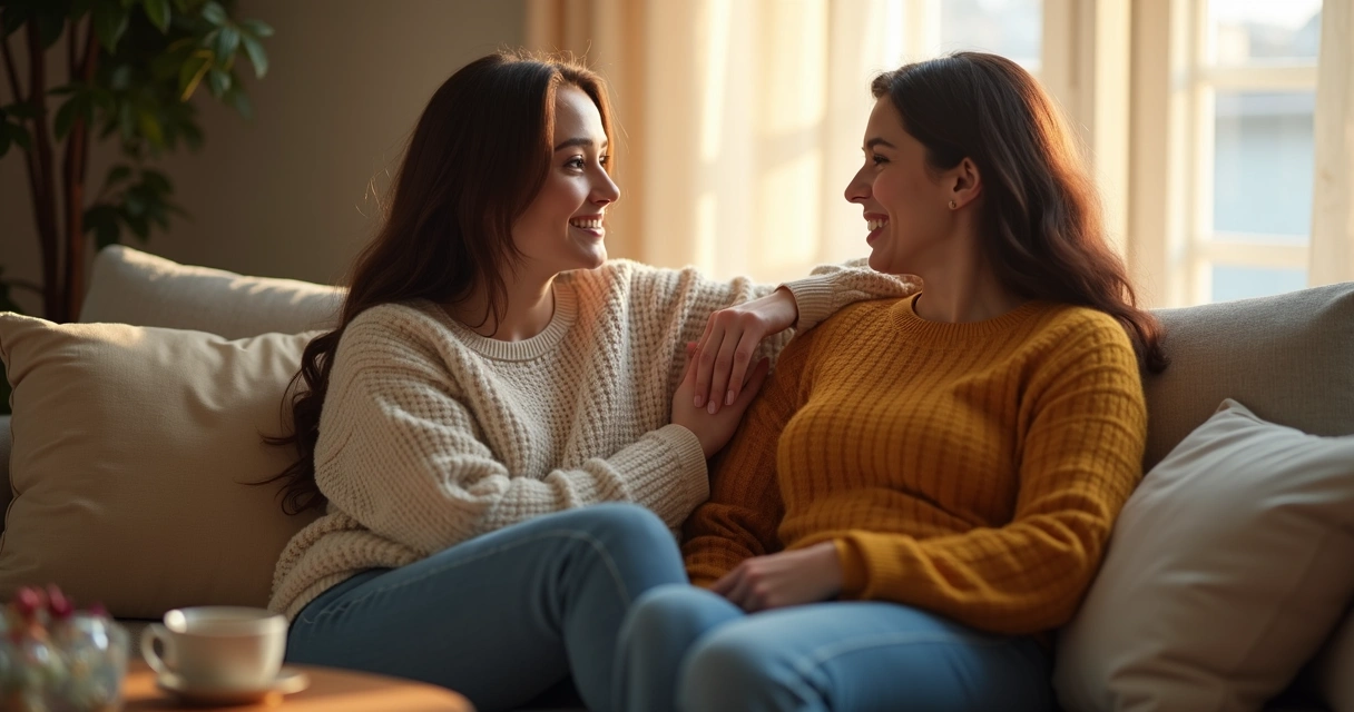 Two friends sitting on a couch reassuring each other