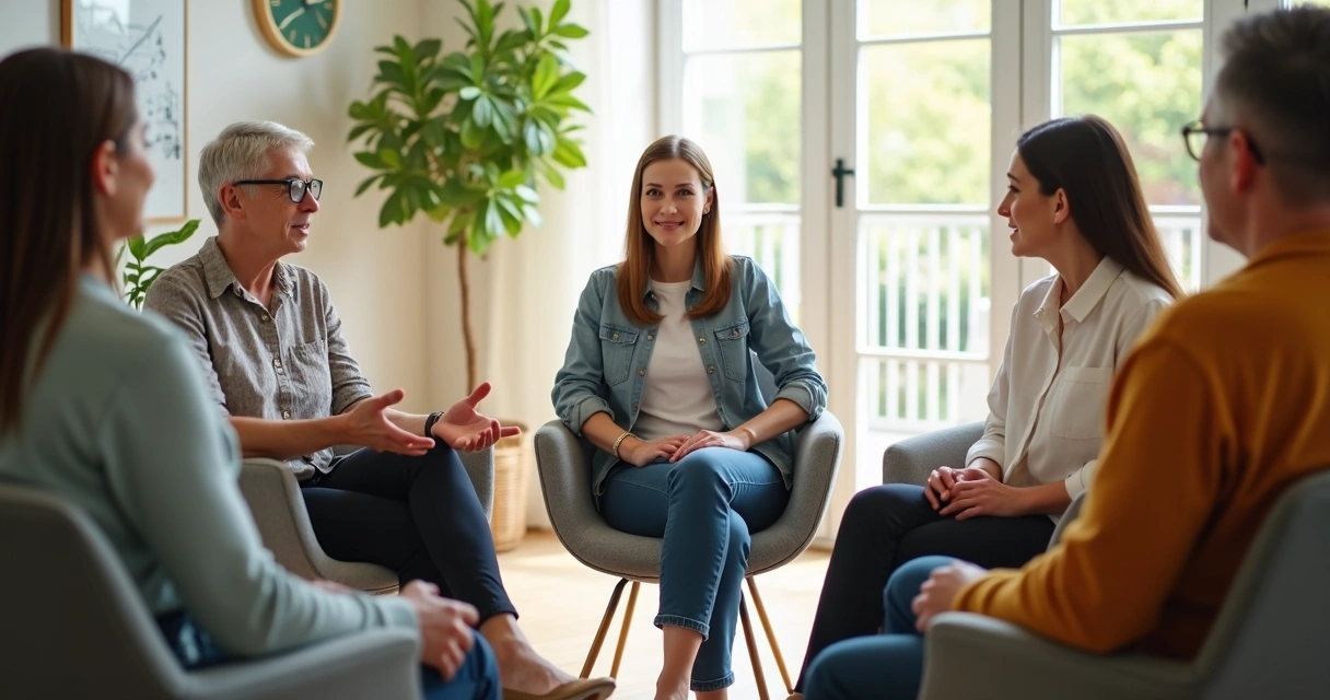 Small group sitting in a circle with supportive body language