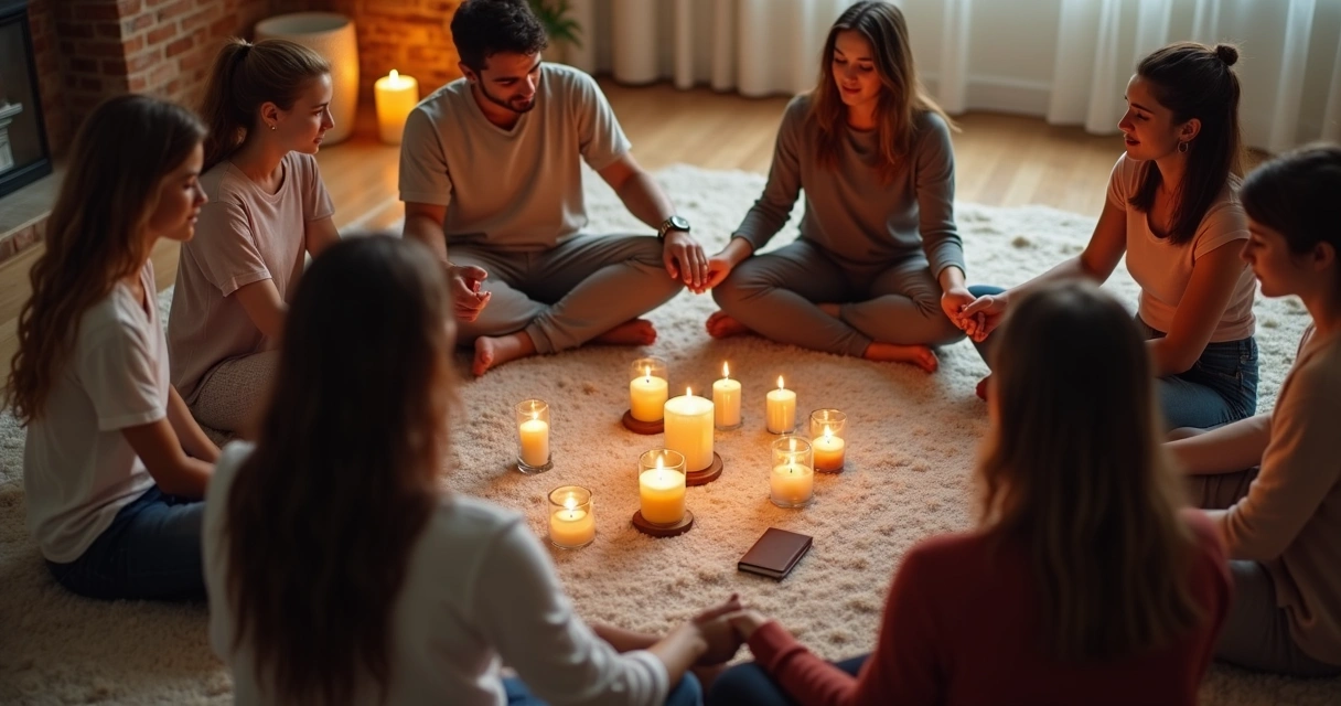 Small group sitting in circle sharing ritual together 