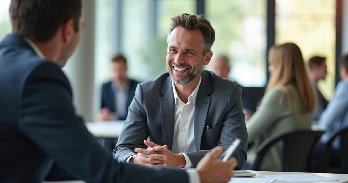 Supportive leader attentively listening to coworker 
