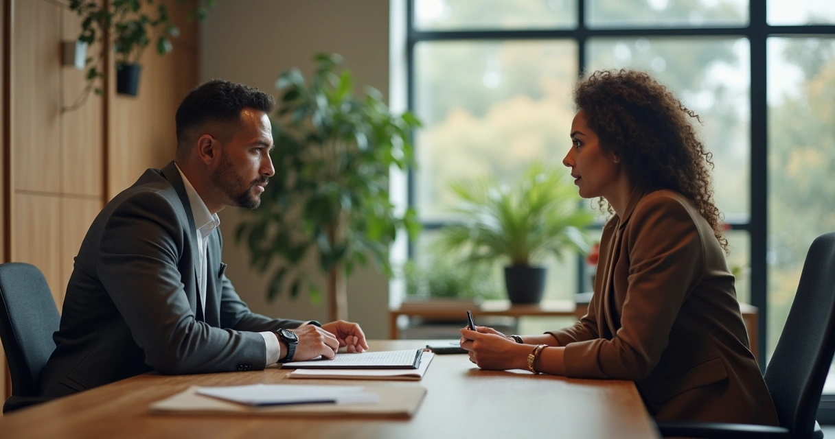 Manager listening carefully to an employee in a private office