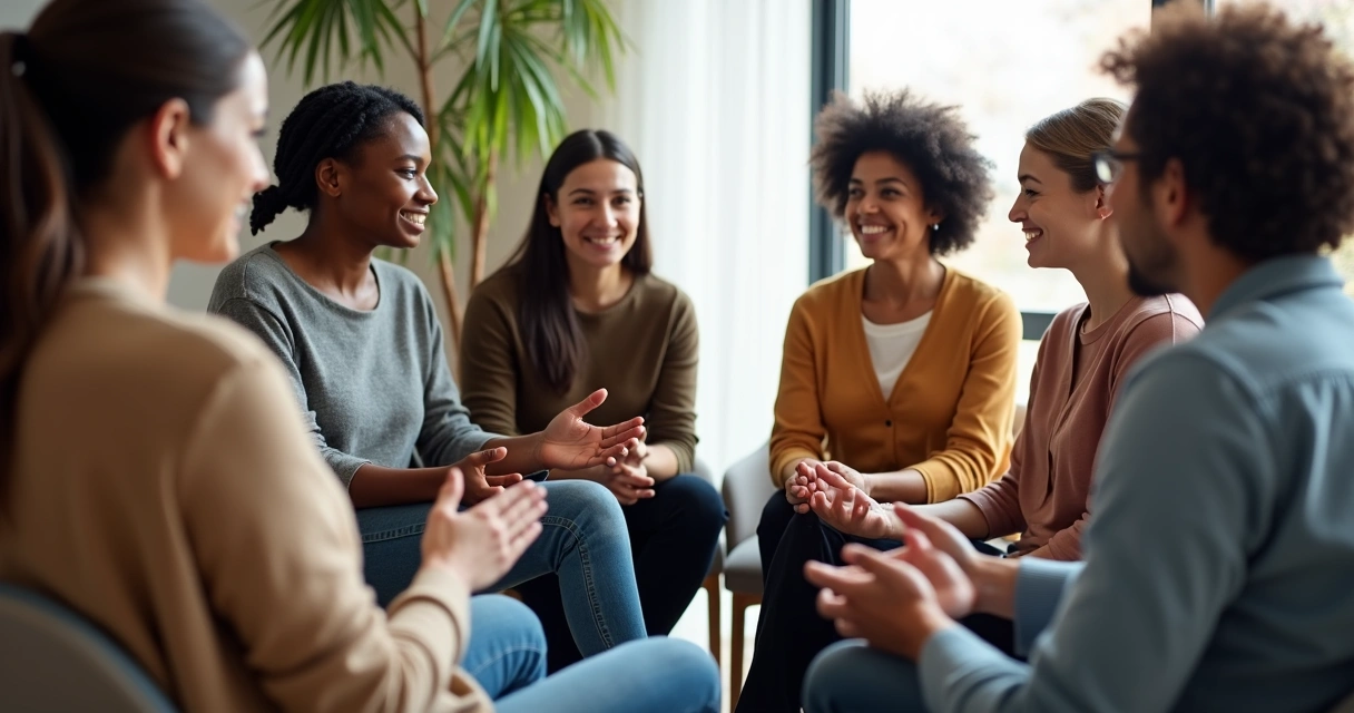 Diverse group offering support in a peer meeting, attentive posture. 