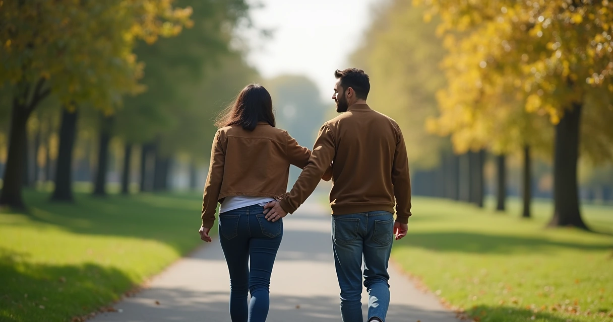 Two people walking outdoors, one gently supporting the other