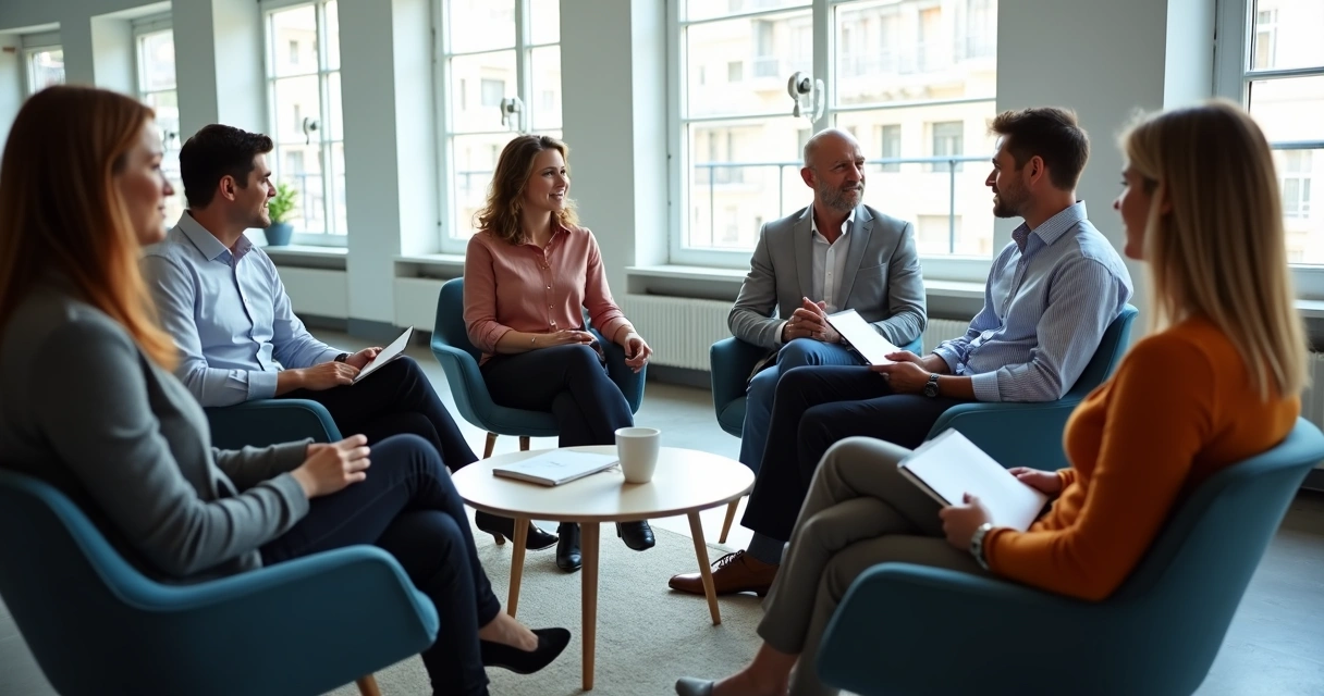 Colleagues sitting in a circle in an office, openly sharing and listening