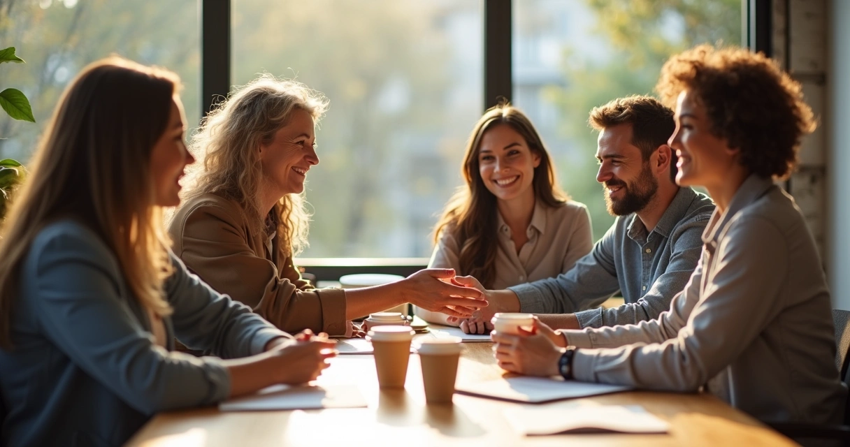 Coworkers in casual team meeting offering support to each other