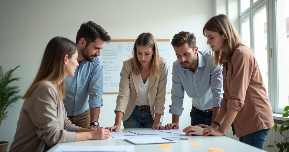Small team reflecting together after a serious discussion in a bright office