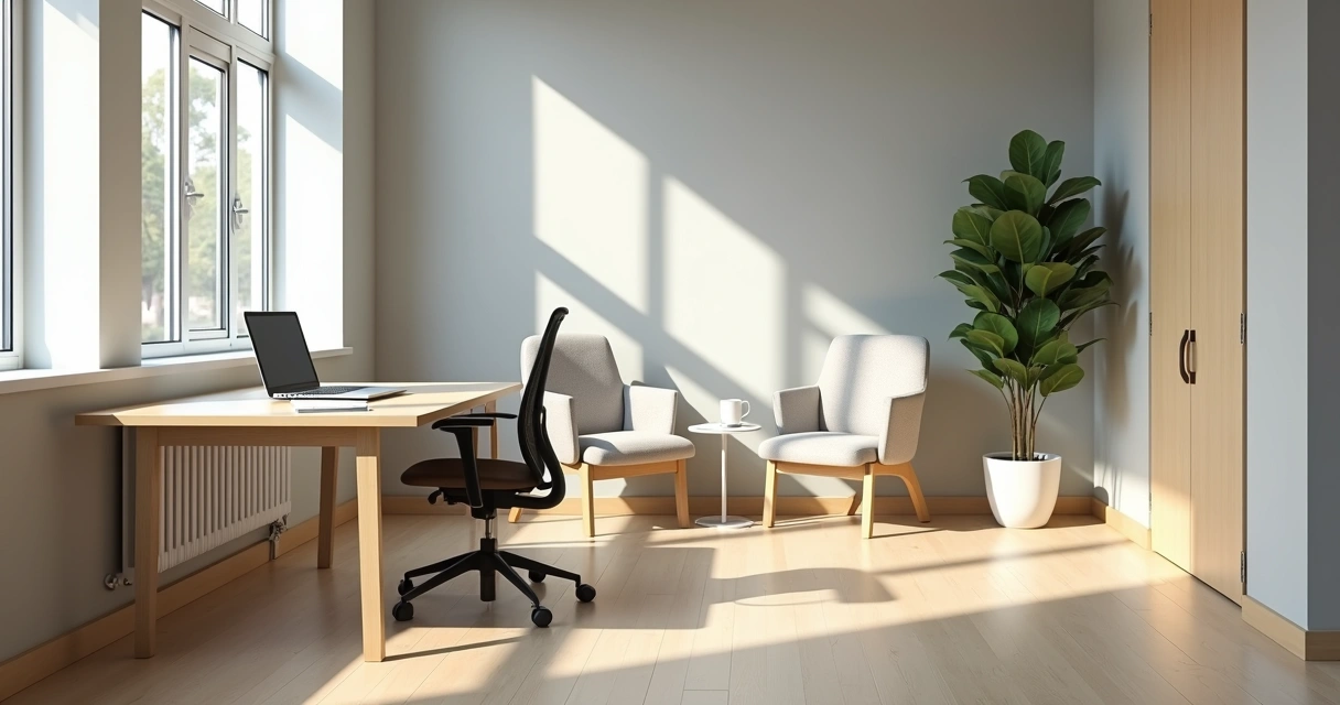 Orderly workspace with sunlight and quiet seating area