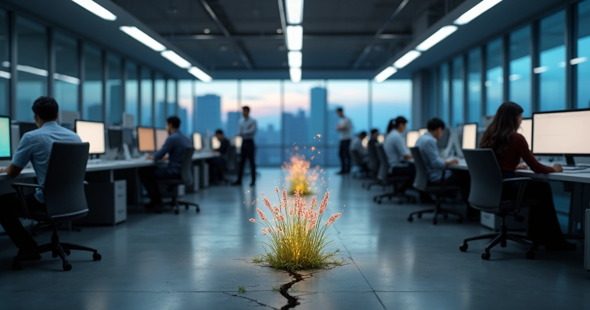 Modern office with glowing idea garden growing from cracked floor 