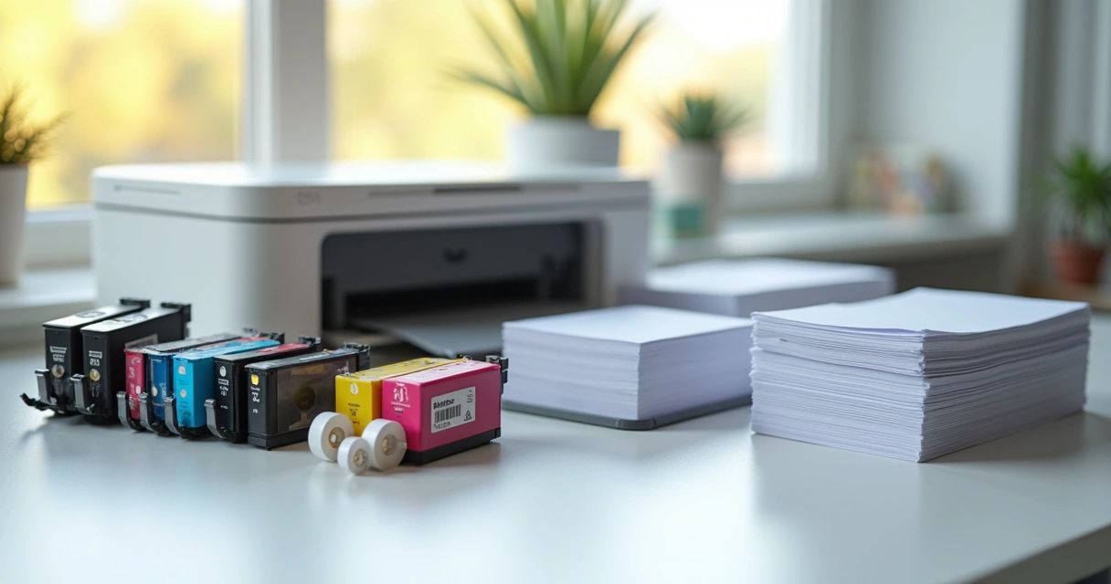 Cartuchos de tinta, toner, fitas rotuladoras e papel para impressora organizados sobre mesa branca 