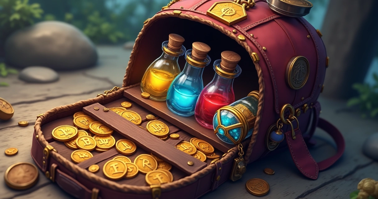 Suprimentos e loot de Tibia organizados em uma mochila virtual 