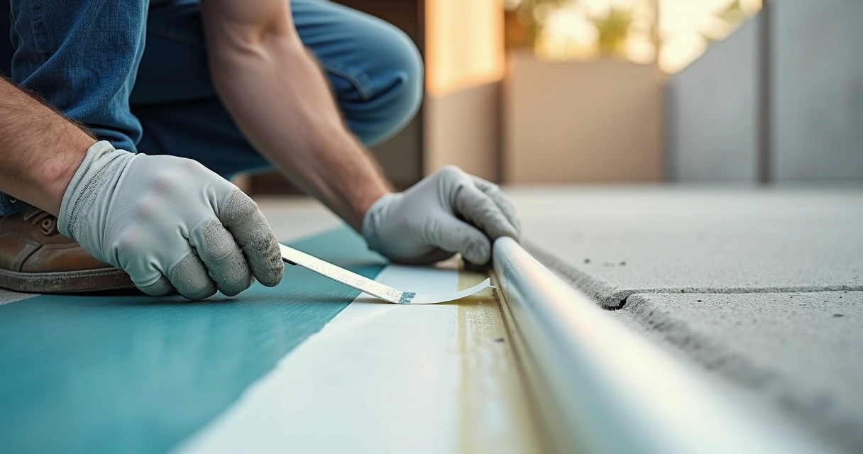 Painting contractor sealing and painting expansion joints on commercial wall 