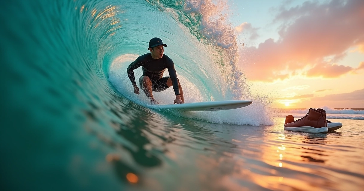 Surfista em onda tubular ao pôr do sol com estilo urbano na areia 
